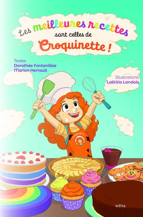Croquinette heureuse devant tous ses gâteaux