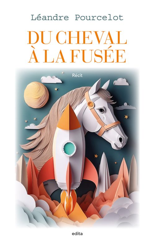 Montage avec IA d'un cheval associé à une fusée (symbolisant la science et la recherche), les deux passions de l'auteur
