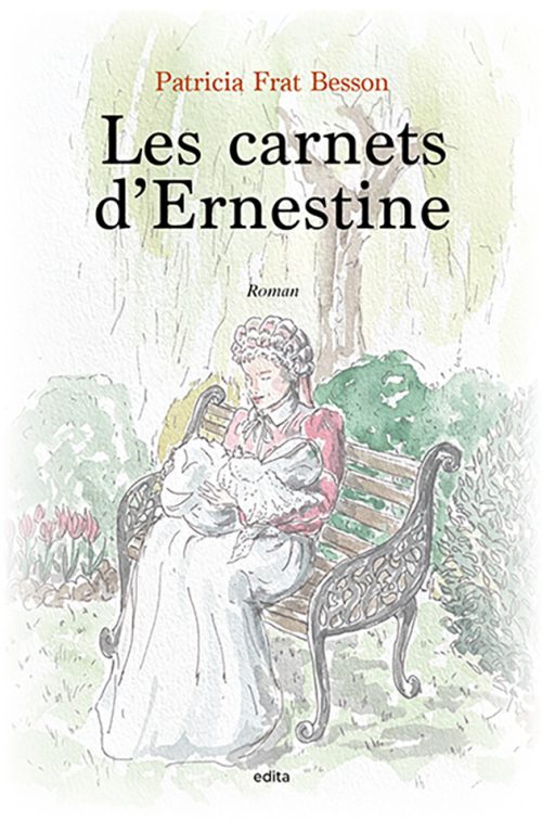 Dessin d'Ernestine dans son jardin, assise sur un banc avec son bébé dans les bras