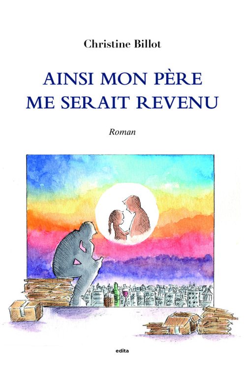 Couverture avec un dessin où un homme pense à sa famille, assis devant une rangée de bouteilles vides